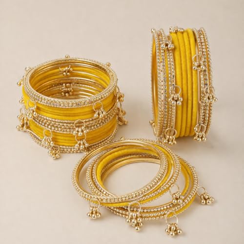 Shining Diva Fashion 20 Pcs Traditional Stylish Ghungroo Velvet Kashmiri Bangles Set for Women & Girls (17415b_2.6) (Yellow)