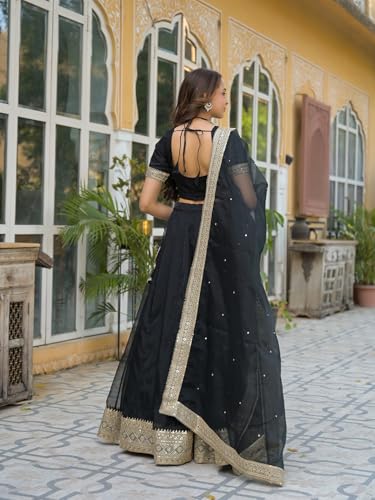 Divena Black Solid Organza Lehenga with Choli and Dupatta