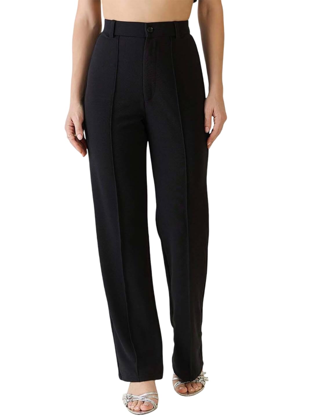 KOTTY Women Solid Polyester Blend Black Trouser (Black,30)