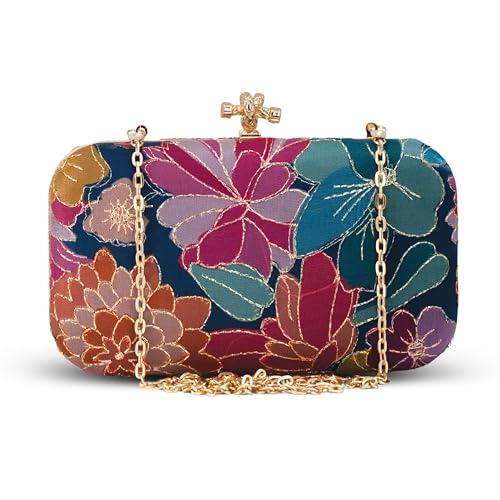 Artklim Blue Pink Floral Printed Fabric Clutch Bag for Women – Stylish Clutch Purse | Hand Clutches for Women | Bridal Clutches for Wedding Latest