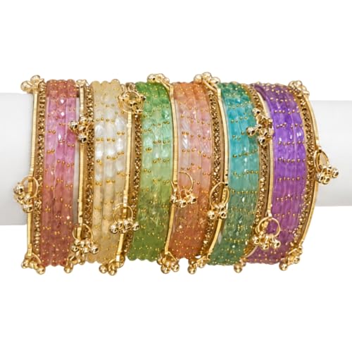 KAYASHA Multicolor-03 Kashmiri Ghangharoo Glass Bangle Set of 32 | Light Weight Traditional Transparent Fancy Chudi Set for Wedding, Party set of 32 (18 Glass + 14stone and Ghungroo Bangles)