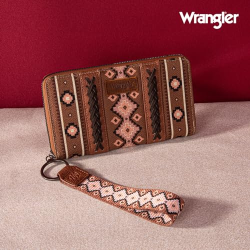 Wrangler Wallet Purse for Women Western Aztec Clutch Wristlet Wallet with Credit Card Holder, Dark Brown, Wallet