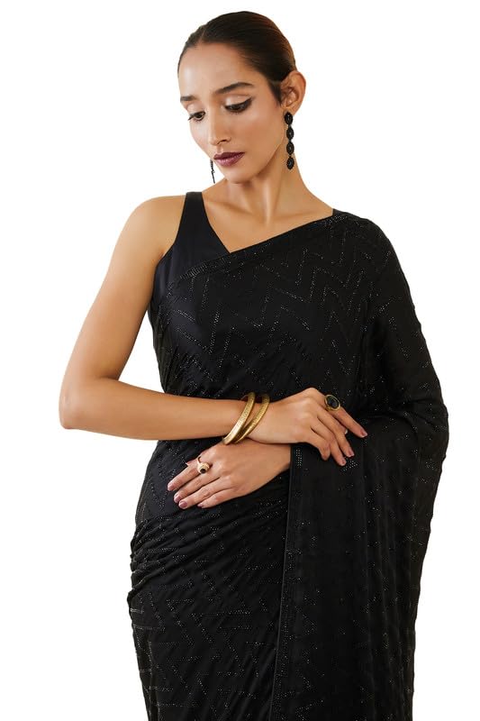 Soch Womens Black Chevron Stone Embellished Crepe Saree