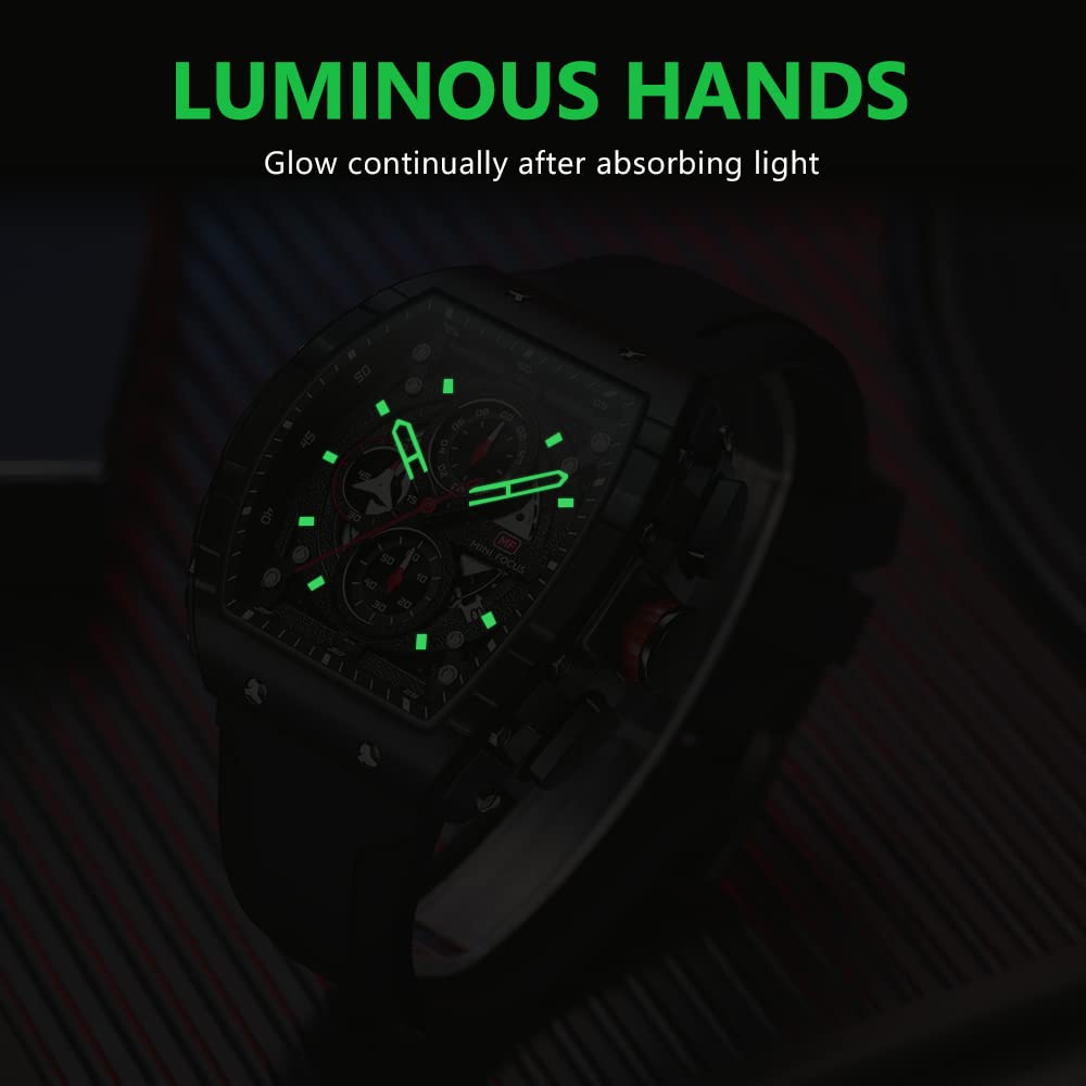 Mini Focus Mens Watches 3ATM Waterproof Chronograph Luminous Quartz Movement Sport, Black