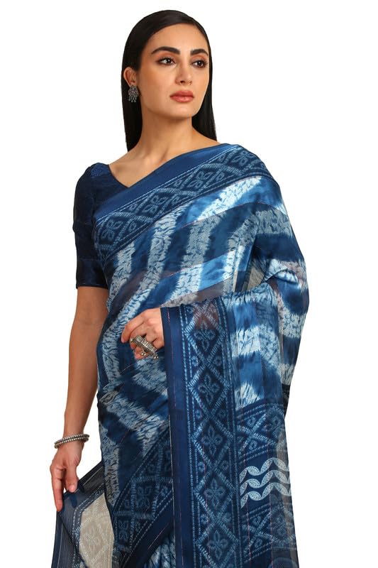 Soch Womens Blue Chiffon Ethnic Motifs Saree