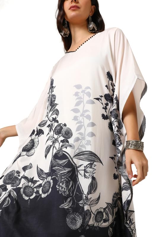 Soch Womens Off White Muslin Blend Floral Kaftan with Beads