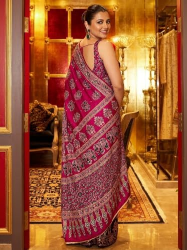 ORHANS Women's Modal Silk Saree with Unstitched Blouse Piece Animal Printed Pattern and Elephant Theme | Womens Ethnic Sarees | Sari for Womans | Stylish Saree fo Women Lightweight