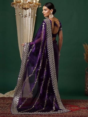 Satrani Women's Tissue Silk Sequence Embroidery Work Scalloped Border Saree with Unstitched Blouse Piece (3905S154N_Midnight Purple)
