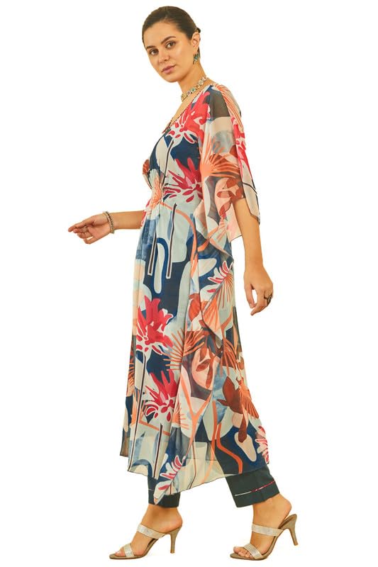 Soch Womens Teal Botanical Chiffon Blend Kaftan Suit with Inner Slip