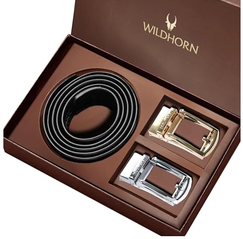 WildHorn Men’s Leather Belt Gift Set | Genuine Leather belt Strap with 2 Interchangeable Buckles | Formal & Casual Wear Adjustable Belt | Automatic lock leather belt for men (Gold & Silver)