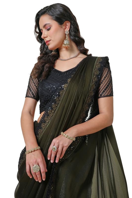 Soch Womens Olive Striped Lace Thread Work Chiffon Saree