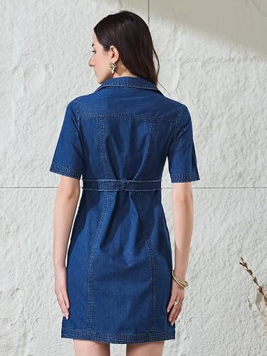 Latin Quarters Women's Blue Solid Half Sleeves Collared Casual Shirt Dress_S