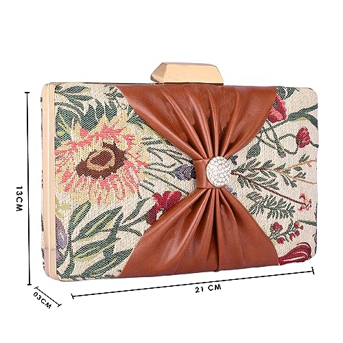 THE CLOWNFISH Ritzy Collection Womens Party Clutch Ladies Wallet with Chain Strap Evening Bag with Fashionable Button Closure (Flax)