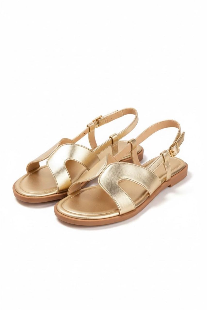 GLEMATOZ Women's Golden Flat Sandal Women & Girls Sandal Casual & Festive Comfortable Casual Stylish Summer & Party Footwear EU38