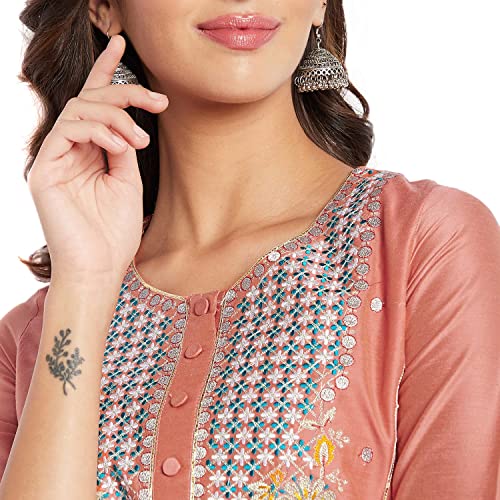 Rangavali Peach Cotton Silk Festive Anarkali Suit Set With Dupatta | Readymade Kurti Pant Set | Embroidery Krta For Women | 3 Pcs Set | XS, 30