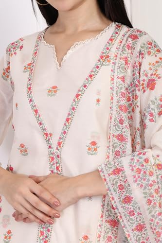 W for Woman Off-White Floral Print Lace Straight Kurta with Inner Flared Pant and Dupatta Set (WS13083-126482-L)
