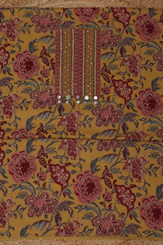 Soch Womens Mustard Cotton Botanical Dress Material With Hand Embroidery and Mirror Work