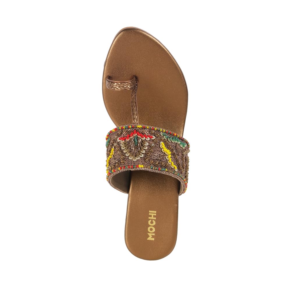 Mochi Women Antique Gold Ethnic Embellished Block Heel Sandal UK/5 EU/38 (35-1284)