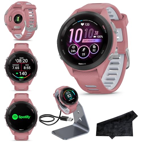 Garmin Forerunner 265S Advanced Multisport Touchscreen Smartwatch, Pink | Heart Rate Monitor, Training Stats, Daily Suggested Workouts, Up to 15 Day Battery Life with Signature Series Charging Bundle