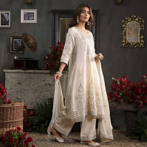 BIBA Women Off-White Cotton Silk Embroidered Kalidar Suit Set_42