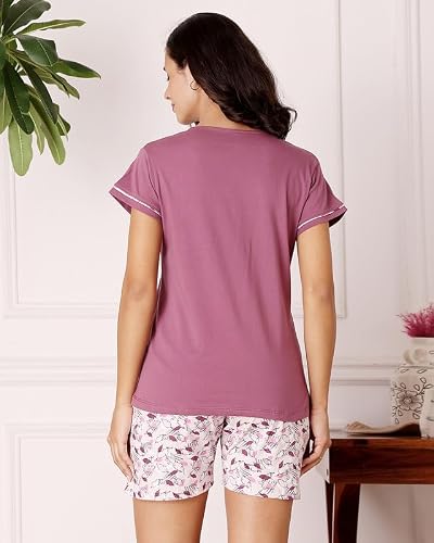 BODYCARE Women's Cotton Printed T-Shirt and Shorts Set | Soft & Breathable Nightwear | Short Sleeves | Loungewear Co-Ord Set | BSSS17030_100 Multicolour