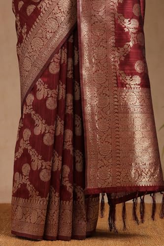 Soch Womens Maroon Tussar Floral Print Saree With Zari Woven