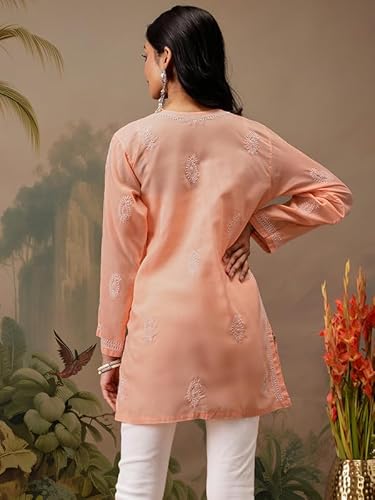 Ada Hand Embroidered Peach Cotton Short Kurta Kurti Lucknow Chikankari Top Tunic for Women A911465 (XL)
