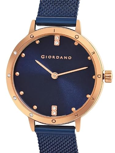 Giordano Analog Quartz Watch for Women with Round Dial, Two-Hand Display, Crystal-Studded Hour Markers and Bezel and Stainless Steel Mesh Strap - A2085