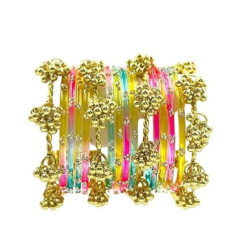 BANGLESKART 16pc Multi Color Glass Bangles Set Viral Kashmiri Ghungroo Chuda with Heavy Gold Guchha Charms Traditional Jewelry for Women Multicolor