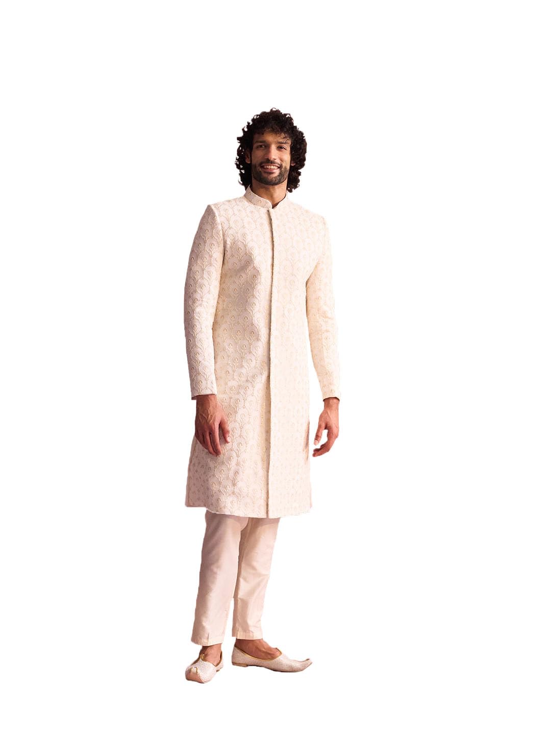 VASTRAMAY Men's Cream Georgette Sherwani Set_VSHRMIW237CRnPANT002CR_40