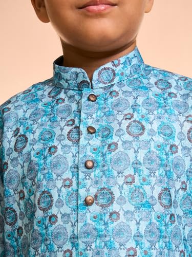 Manyavar Boys Blended Cotton Jaal Pattern Printed Kurta Pyjama Set (Turquoise Blue,2-3Y)