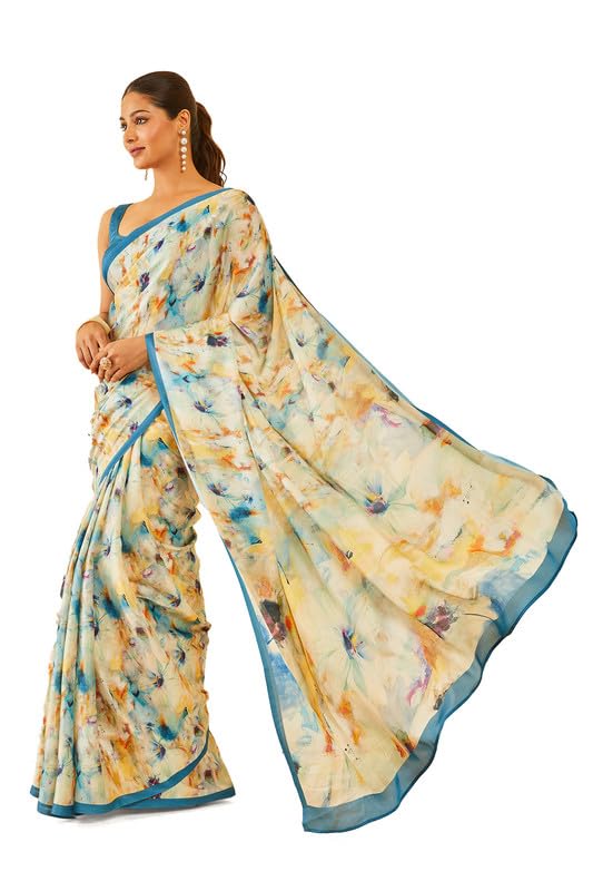 Soch Womens Blue Floral Print Crepe saree