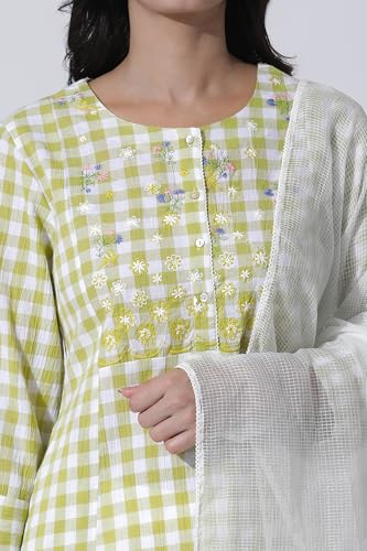 W for Woman White & Green Checker Cotton Kurta, Pants with Dupatta Set_24ONWS11009-313972_S