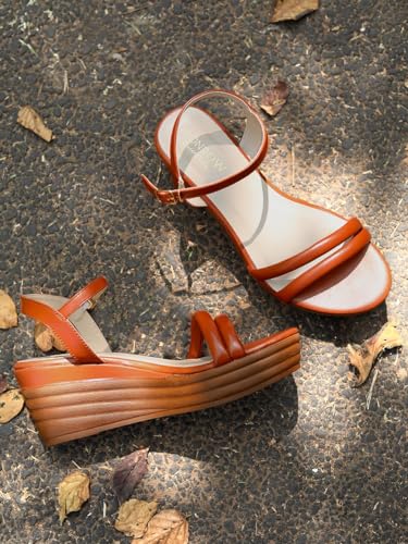 MONROW Wedges for Women & Girls | Stylish & Fancy Wedges | Extra Cushioning & Comfortable, Fashionable, Light Weight, Fashion Wedges for Girls (Tan/4-UK)