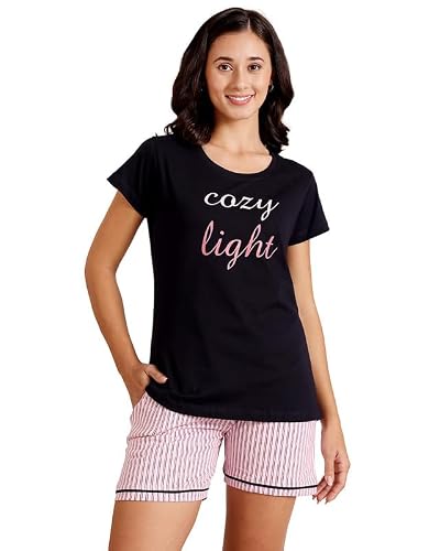 BODYCARE Women's Cotton Printed T-Shirt and Shorts Set | Soft & Breathable Nightwear | Short Sleeves | Loungewear Co-Ord Set | BSSS17031_100 Multicolour