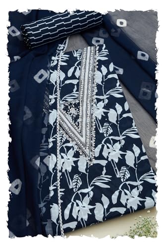 Soch Womens Navy Blue Cotton Floral Print Unstitch Dress Material With Beads