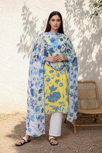 W for Woman Floral Watercolor Chiffon Dupatta - Blue (W82621-122025-FS)