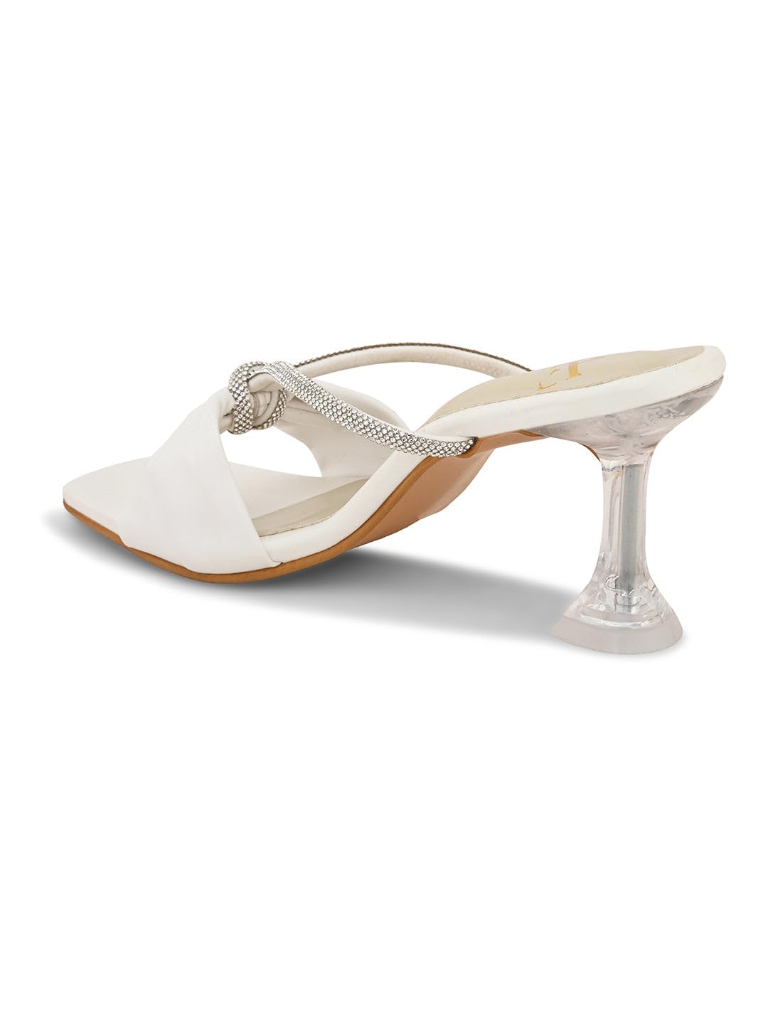 XE Looks Women's White Elegant Knot Bow Slip-On Sandals | Crystal Embellished Straps with Clear Heels | Rhinestone Strap With Transparent Block Heels For Girls & Women