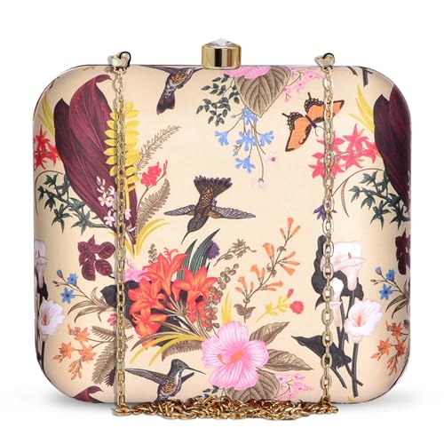 Artklim Beige Flower & Birds Print Hand Clutch for Women & Girls - Box Handbag with Chain Strap - Designer Evening Purse - for Wife