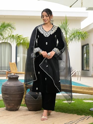 Divena Floral Embroidered Regular Zardozi Velvet Kurta with Trousers & Dupatta