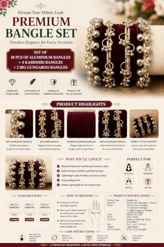 EA'S ACCESSORIZE Women’s Traditional Bangle Set 24 Pcs | 18 Aluminium Bangles, 4 Kashmiri Bangles & 2 Big Ghungroo Bangles | Maroon & Gold Stone Work Ethnic Bangles for Women, 2.4