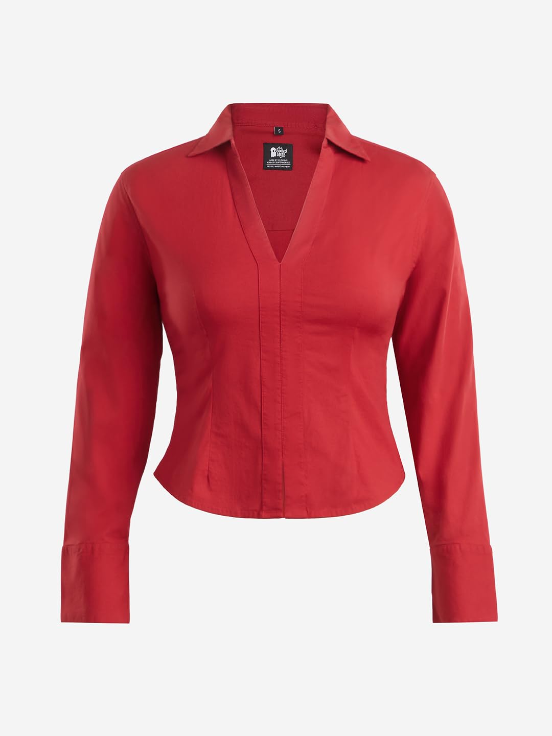 The Souled Store Corset Shirt: Cherry Red Women and Girls Long Sleeves Collared Neck Button Front Fitted Shirts