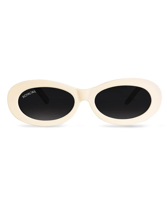 Royaltail Oval Retro Shape Sunglasses Cream Frame & Black Glass Unisex 100% UV Protected | For Men & Women | For Protection, Safety, Party, Styling