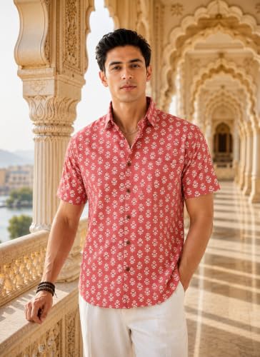 Majestic Man Men's Sanganeri Printed Pure Cotton Casual Shirt | Half Sleeve | Slim Fit | Collared Neck | Stylish Everyday Wear (Peach, XX-Large)