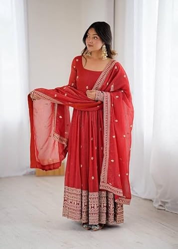 MANNAT MAKERS Designer Anarkali Gown for Women | Complete Anarkali Kurti Set for Women Ethnic Outfit (in, Alpha, 2XL, NKB-25 RED)