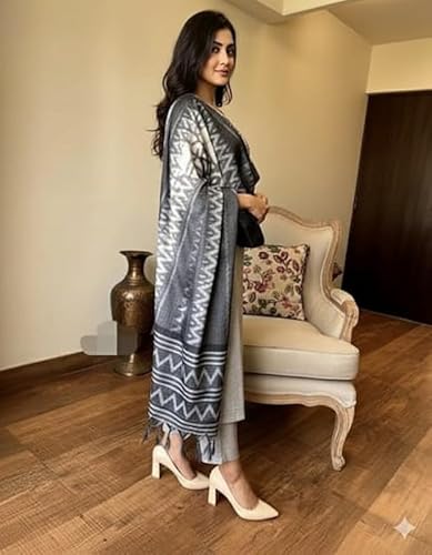 Kurthnic Women's South Cotton Embroidered Kurta with Pant & Dupatta BLACK_XL