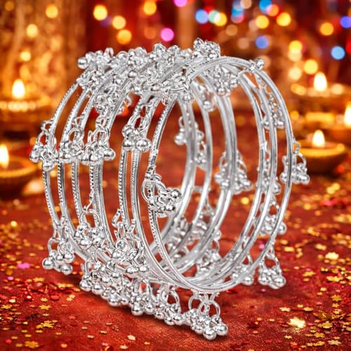 Swara Creations Traditional Kashmiri Ghungroo Latkan Bangles for Women and Girls|Set of 8 Pcs |Silver color (SKU416)