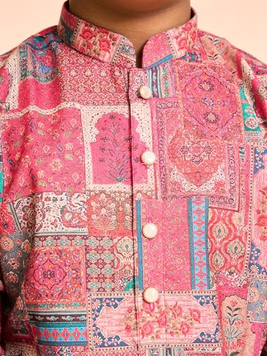 Manyavar Boys Cotton Blend Abstract Print Kurta Pyjama Set (Coral,8-10Y)