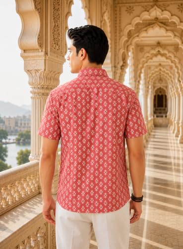 Majestic Man Men's Sanganeri Printed Pure Cotton Casual Shirt | Half Sleeve | Slim Fit | Collared Neck | Stylish Everyday Wear (Peach, XX-Large)