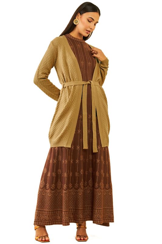 Soch Womens Beige Acrylic Knitted Open-Front Longline Shrug with Waist Tie-Up